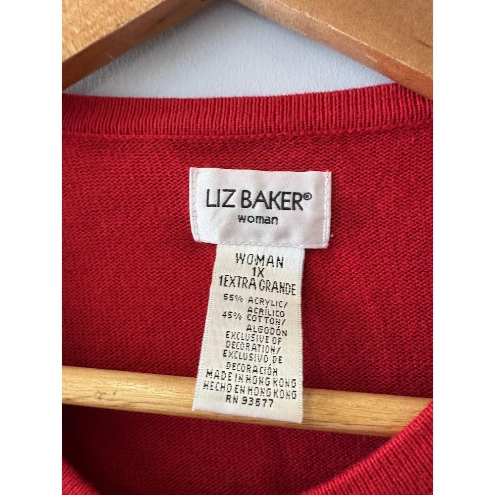 Liz Baker Cardigan Sweater Womens 1X Red Floral Embroidered Button Front Knit